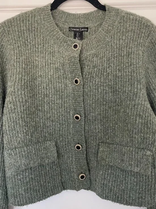 Christian Lacroix Green Wool Blend Cropped Button Sweater – Women’s L - Picture 4 of 8